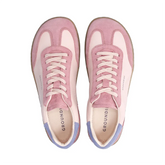 Lieblinge Barfußschuh mit Style für Erwachsene in Berlin. Barfuß Sneaker rosa-violett. Moderne Silhouette im Sneaker-style mit echter Barfußform und tollem Design. Ansicht von oben mit Schürung. 